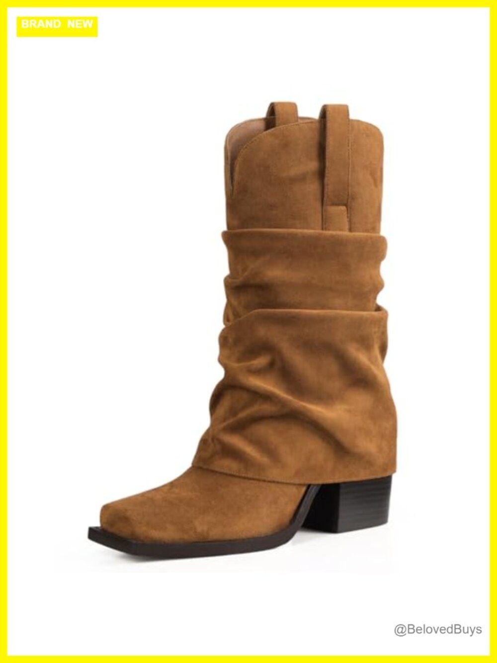 Suede Cowboy Boots Square Toe Fold Over Chunky Heel Mid Calf Slouchy Women's